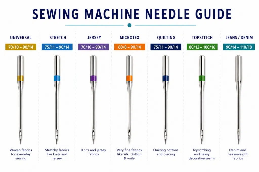 Graphic with 7 needles and text that reads Sewing Machine Needle guide.