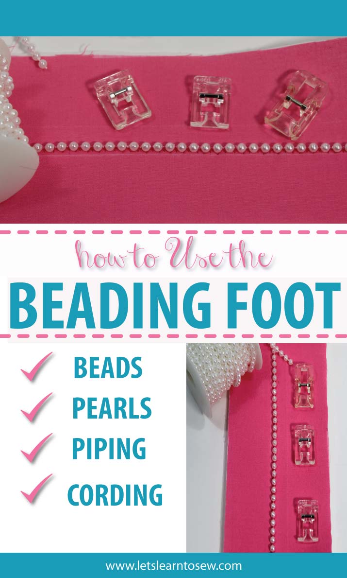The beading foot is used to sew beads or pearl strands to fabric. Learn to Use the Sewing Machine Beading Foot to attach beads and pearls.