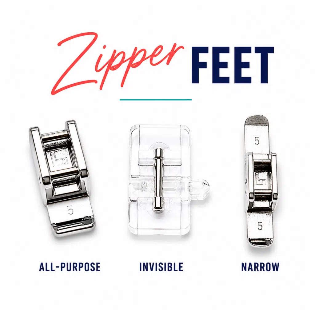 Three types of zipper feet for sewing.