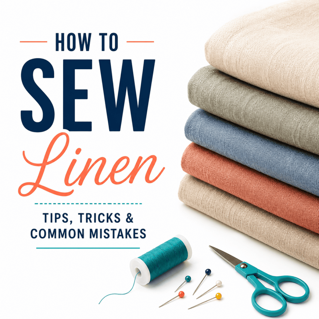 Stack of linen fabric and text that reads "How to Sew Linen".