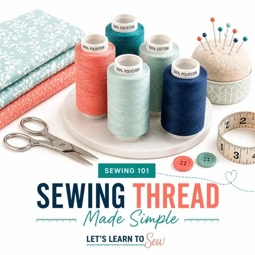 thread and fabric on the table and text "sewing thread made simple: Let's Learn to Sew.