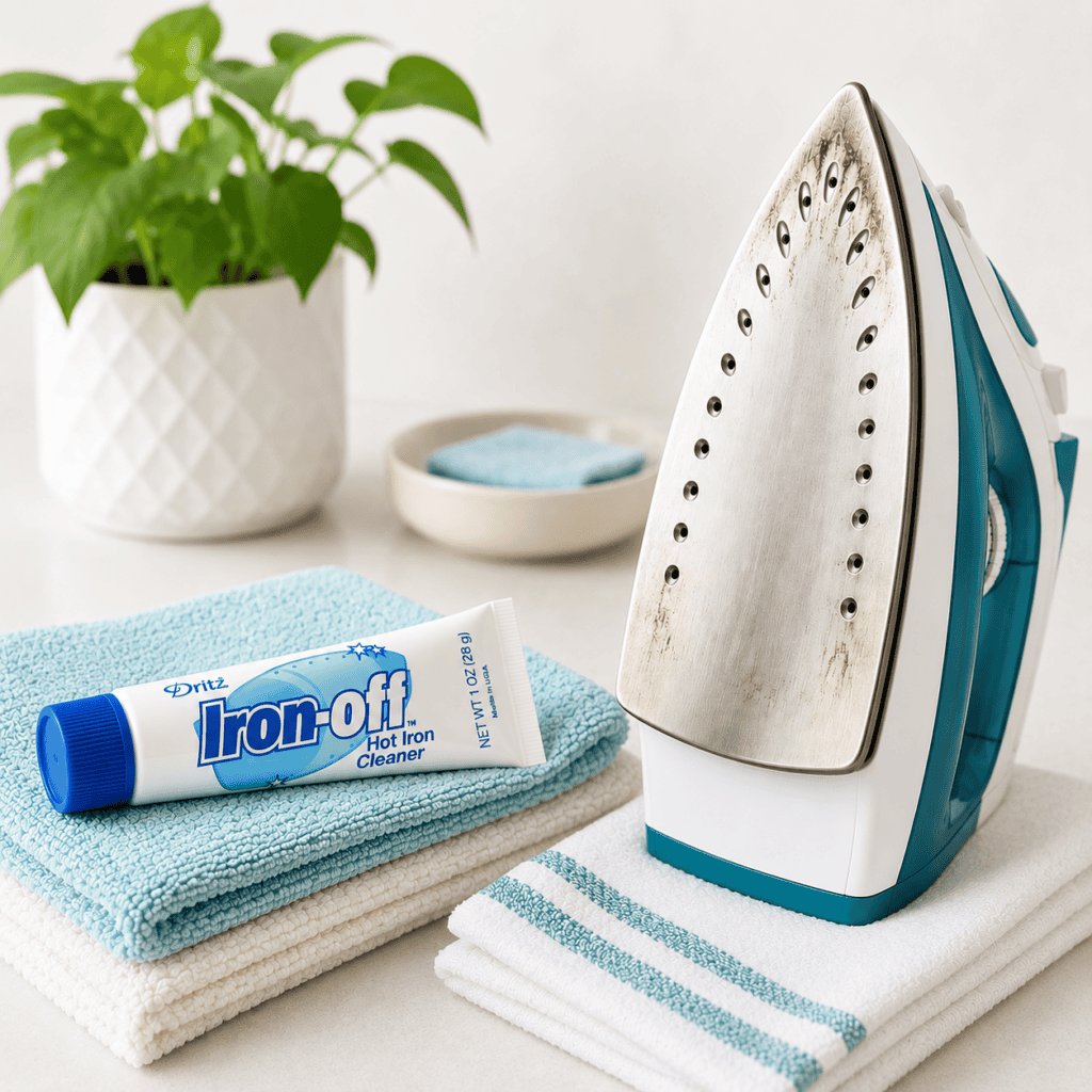 Dirty steam iron with Iron-Off cleaner and towels on a sewing workspace ready for cleaning and pressing fabric.