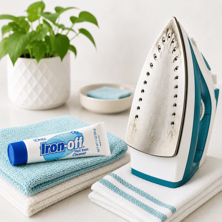 Dirty steam iron with Iron-Off cleaner and towels on a sewing workspace ready for cleaning and pressing fabric.