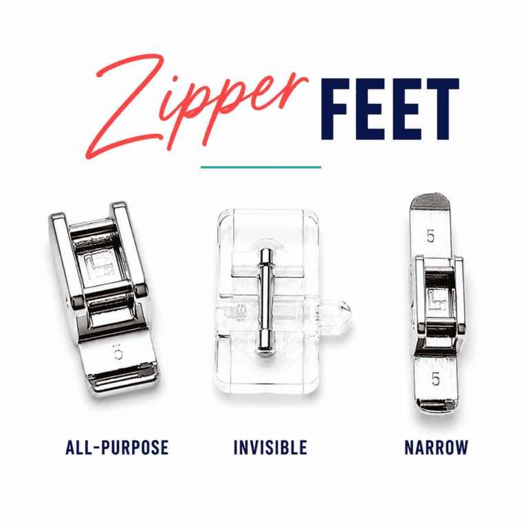 Three types of zipper feet for sewing.