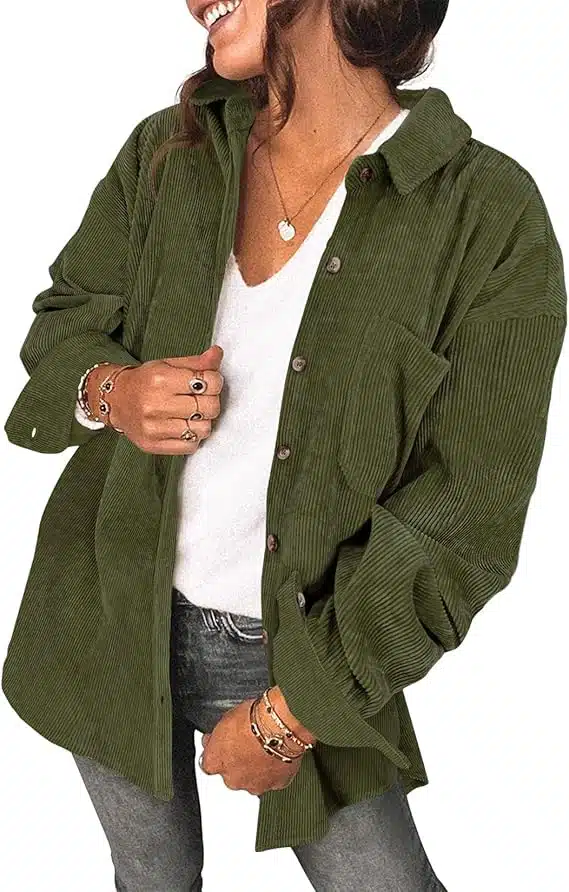 women wearing a green corduroy shacket.
