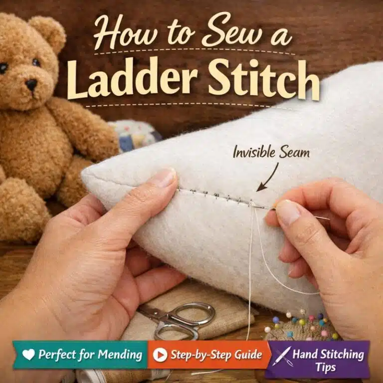 a pillow being sewn by hand using a ladder stitch. Words that show" How to Sew a Ladder Stitch".