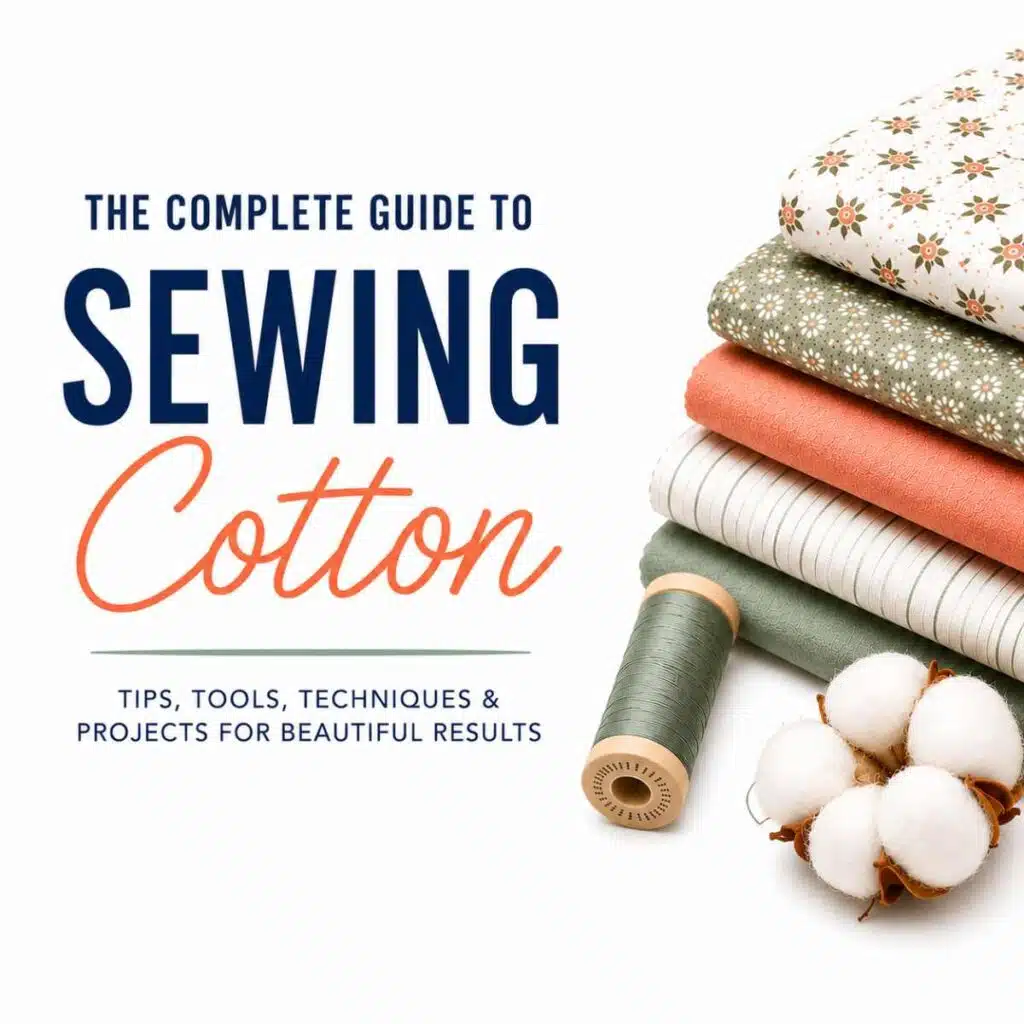 A stack of cotton fabric and text that reads" The complete guide to sewing cotton fabric. ".
