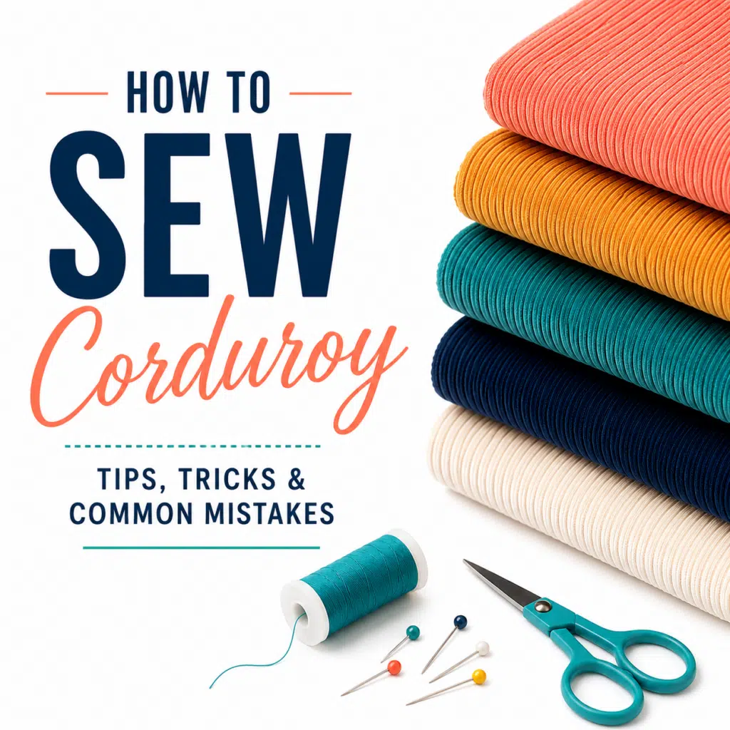Stack of corduroy fabric with text that reads "How to Sew Corduroy".